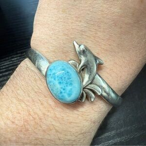 STERLING SILVER 925 Blue Larimar Dolphin Splash Cuff Bracelet 7"